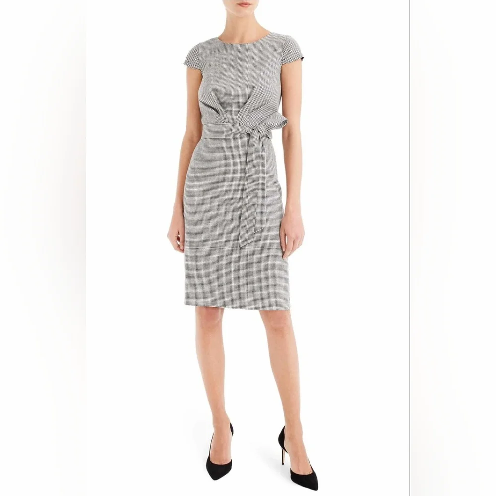 NWT J.Crew 365 Tie Front Sheath in Mini Houndstooth Linen Blend Dress 10 $188